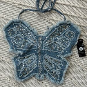 Sparkling Blue Butterfly Denim Crop Top